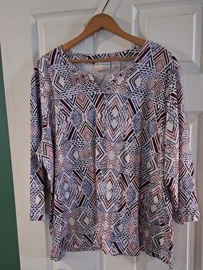 Alfred Dunner Women's Geometric Print Split-Neck Top - White, Blue & Burgundy